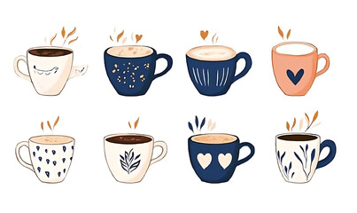 Realistic and artistic illustrations of coffee beans, brewing equipment, coffee cups, baristas, coffee farms, roasting processes, and café scenes