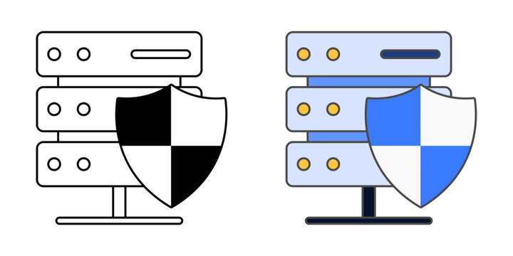 Server with shield icon in outline and color styles, vector illustration representing data protection, cybersecurity, or secure server infrastructure in an IT environment.