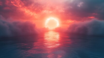 Fototapeta premium Mystical sunrise landscape featuring a radiant orb above a tranquil ocean