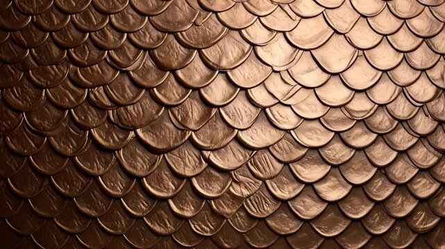 Detailed full frame of overlapping bronze scalloped tiles creating textural pattern surface for backgrounds, wallpapers, or design elements.