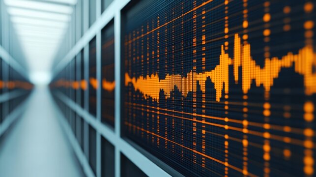 A digital soundwave graph is displayed on a screen in a modern, high-tech server room or data center hallway. - Powered by Adobe
