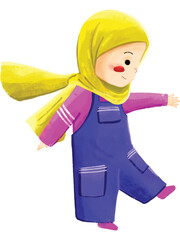 Hijab Girl Walking Playfully Cheerful Muslim Child Character

