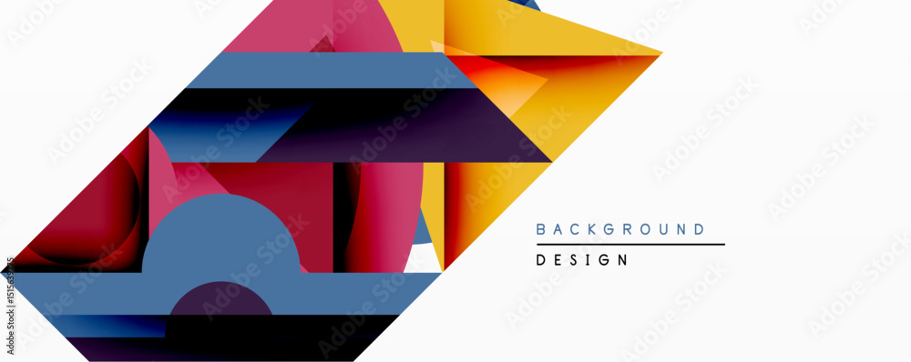 Poster Abstract geometric composition. Overlapping colorful shapes create dynamic visual effect. Modern design with vibrant hues, gradients, clean lines. Minimalist aesthetic.