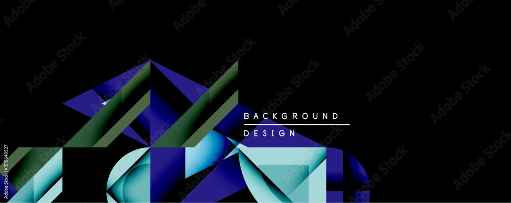 Poster Abstract geometric shapes dominate dark background. Blue, green hues create dynamic composition. Modern design elements suggest depth, movement, visual interest. Minimalist aesthetic.