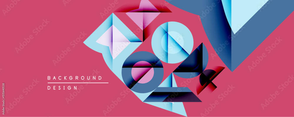 Poster Abstract geometric composition. Overlapping shapes create dynamic visual effect. Pink background emphasizes blue, purple elements. Modern design, clean lines.