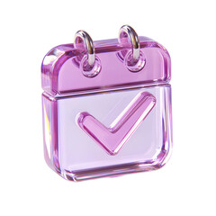 A modern minimalist crystal calendar icon with a prominent checkmark conveying a sense of organization productivity and task completion
