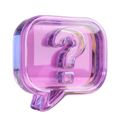 A glossy 3D rendered crystal speech bubble icon with a prominent question mark in shades of pink and purple against a bright transparent background