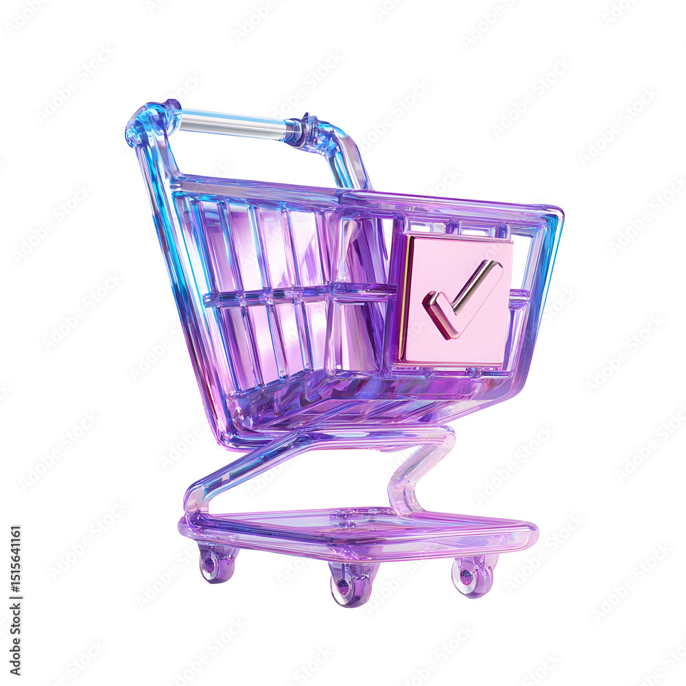 Poster Striking 3D rendering of a transparent crystal like shopping cart on a clean minimalist background with soft colorful lighting effects