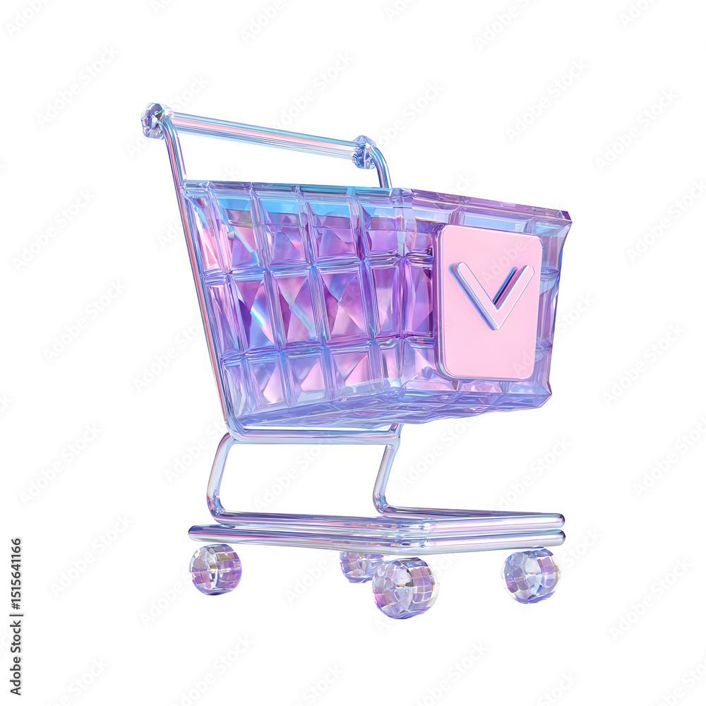 Fototapete futuristic transparent crystal shopping cart with a checkmark icon set against a minimalist white ba