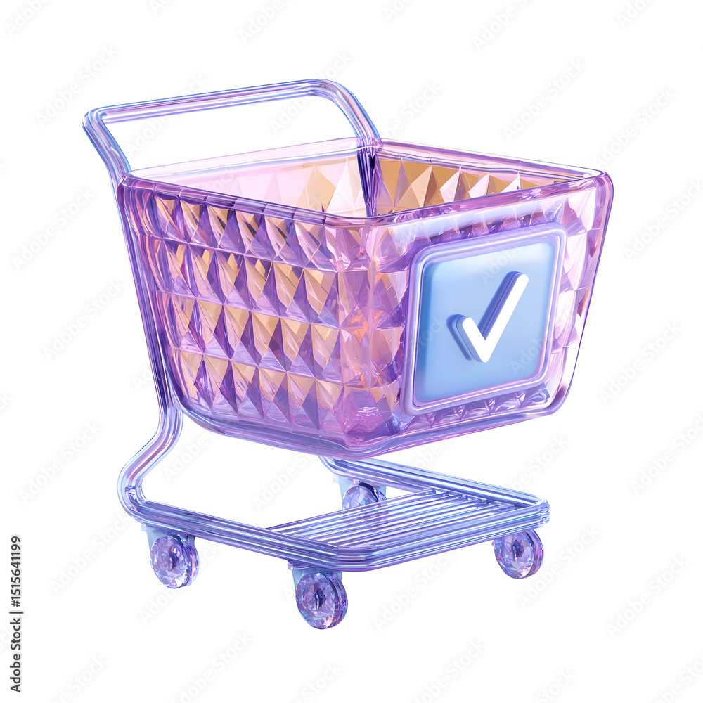 Poster a minimalist 3d rendered shopping cart or basket in a vibrant purple and pink crystal like material 