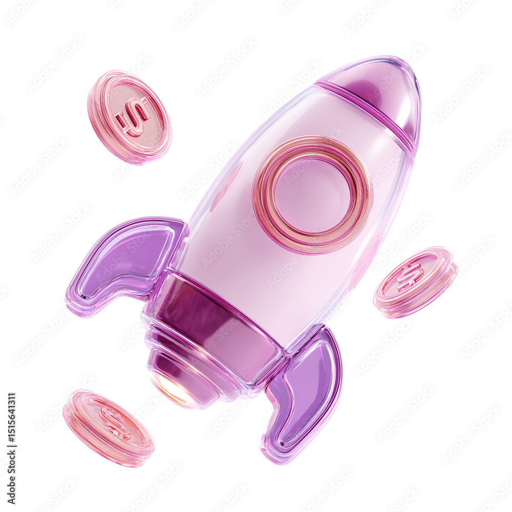 Aufkleber a vibrant minimalist 3d featuring a stylized rocket spacecraft and coin icons against a soft reflect