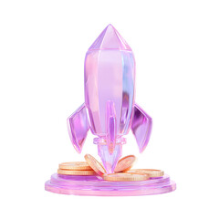 A visually striking 3D depicting a transparent ethereal rocket shaped crystal structure hovering above a platform with shimmering coin icons creating a futuristic and imaginative scene
