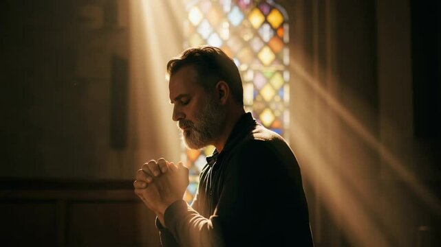 A man prays in a church, sunlight illuminating him through stained glass.