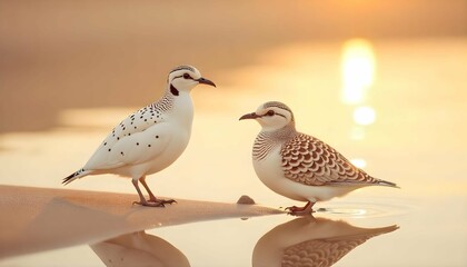Fototapeta premium Two Dotterel Birds on a Sandy Shore at Sunrise