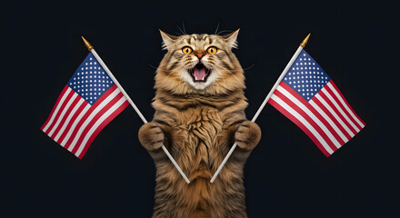 Cat holding American flags patriotic celebration
