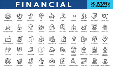 Financial icons set with asset allocation, portfolio, diversification, risk, return, yield, volatility, bull market, bear market, market trend icon. Simple handdrawn vector 
