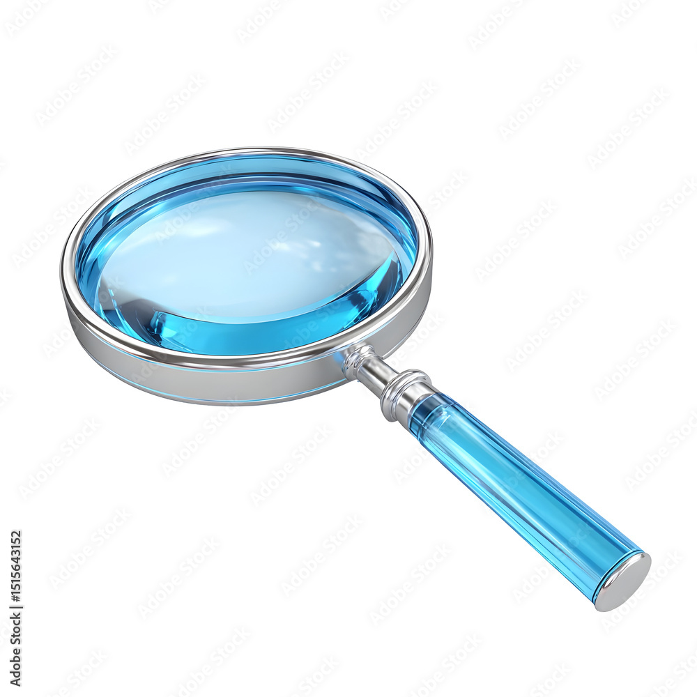 Aufkleber Closeup view of a metallic blue magnifying glass icon symbolizing the tools and process of searching researching analyzing or investigating a subject in detail