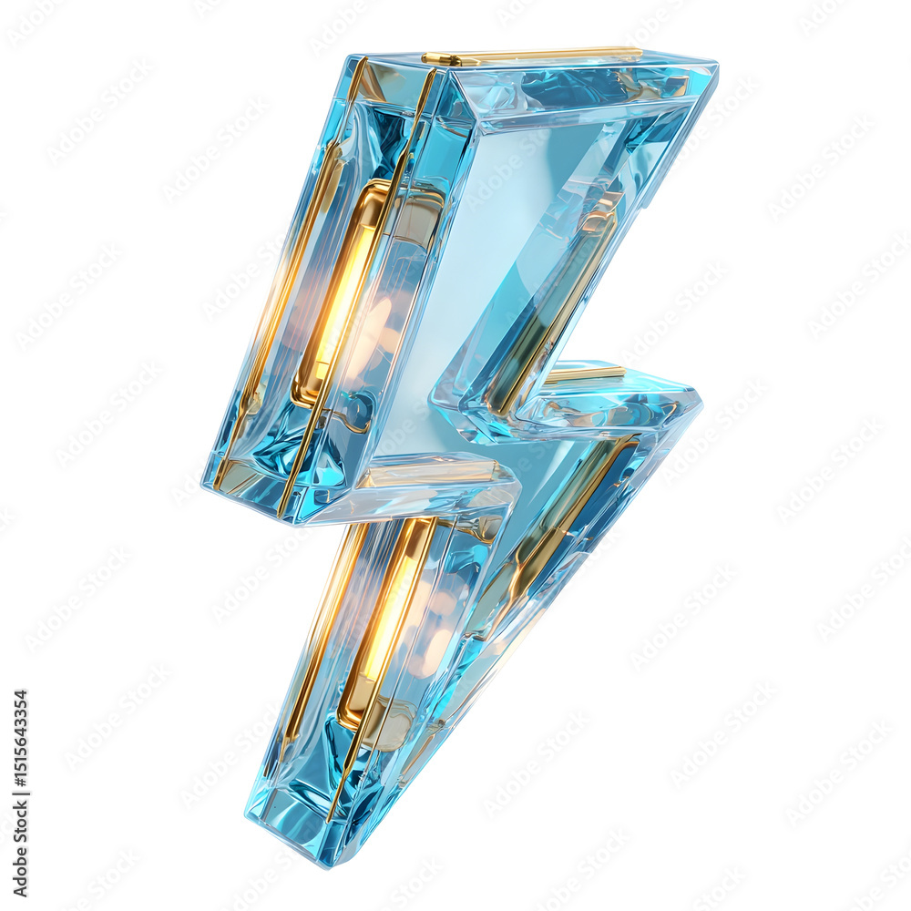 Aufkleber Captivating 3D rendering of a shimmering blue crystal lightning bolt icon with radiant prismatic refractions against a transparent background