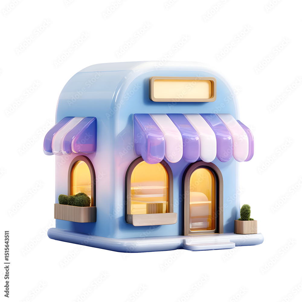 Poster minimalist 3d render of a pastel colored storefront building representing a retail shop or online bu