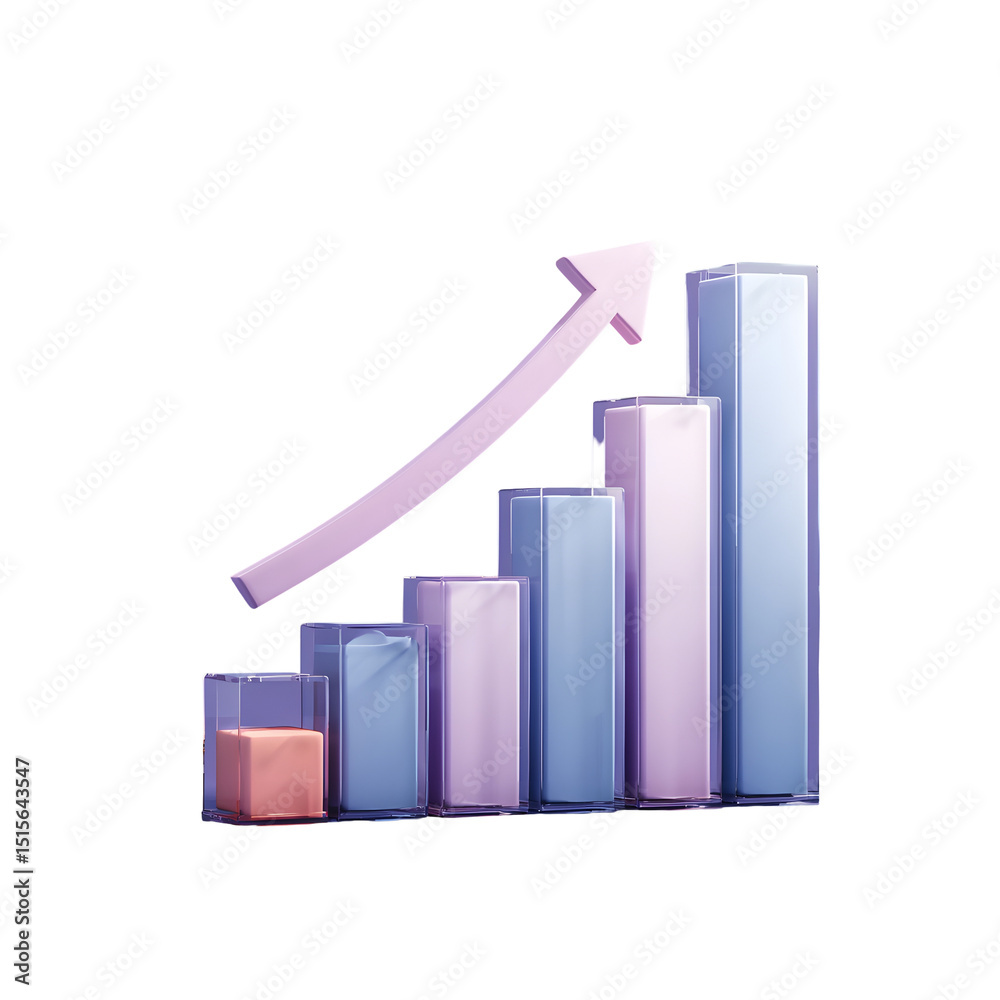 Poster Minimalist and transparent 3D bar chart with an upward pointing arrow icon showcasing financial growth and strengthening currency on a soft purple background