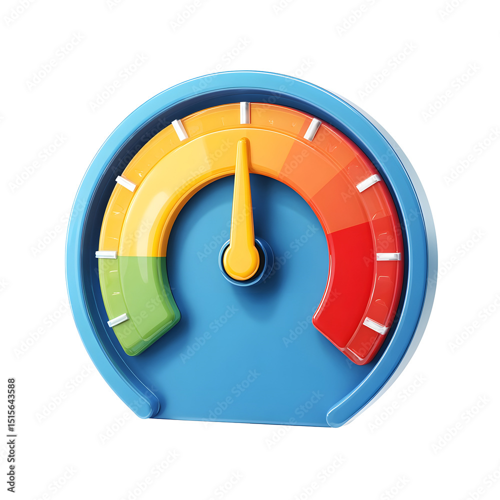 Leinwandbilder A modern minimal 3D speedometer style gauge with a circular dial displaying performance status using a color coded scale ranging from green to red