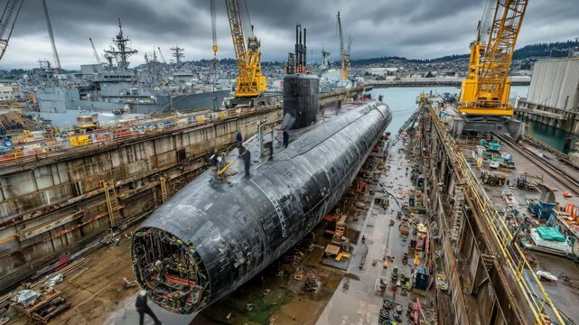 Large Submarine In Dry Dock With Machinery And Workers Under Cloudy Sky