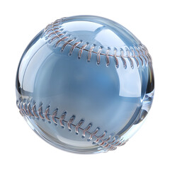 A 3D render of a transparent glass like baseball with a shiny reflective seam and a soft blue hue isolated on a white background