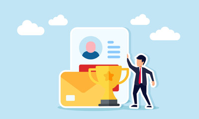Businessman standing next to profile document envelope and trophy illustration of job application with impressive curriculum vitae and work experience