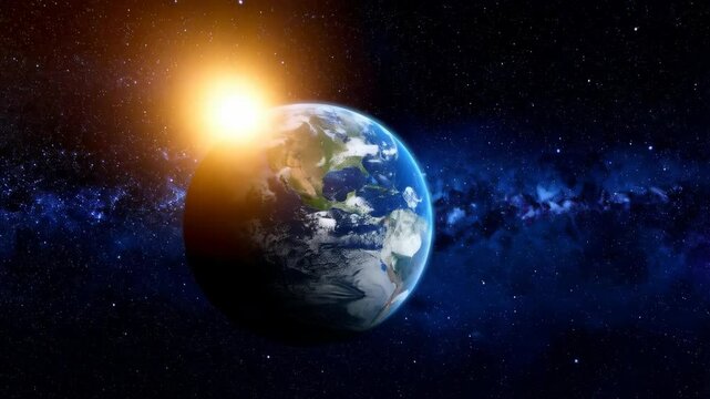 Earth from space with bright sunlight illuminating planet and stars in galaxy background representing science and nature
