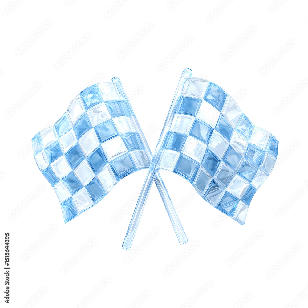 Aufkleber crossed blue and white checkered racing flags with a transparent crystal like 3d style and soft ligh