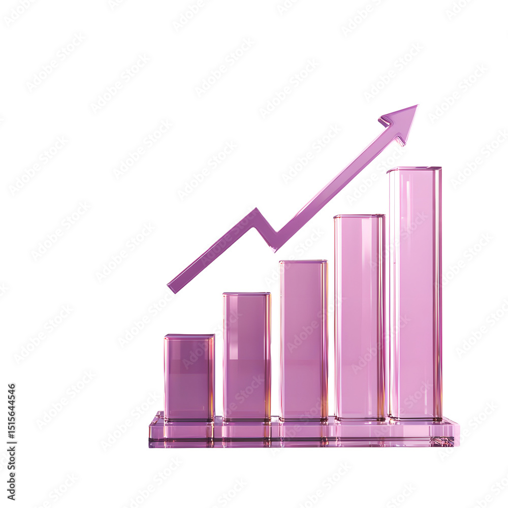 Poster a minimalist 3d rendered crystal bar chart graph with a rising arrow icon symbolizing the growth and