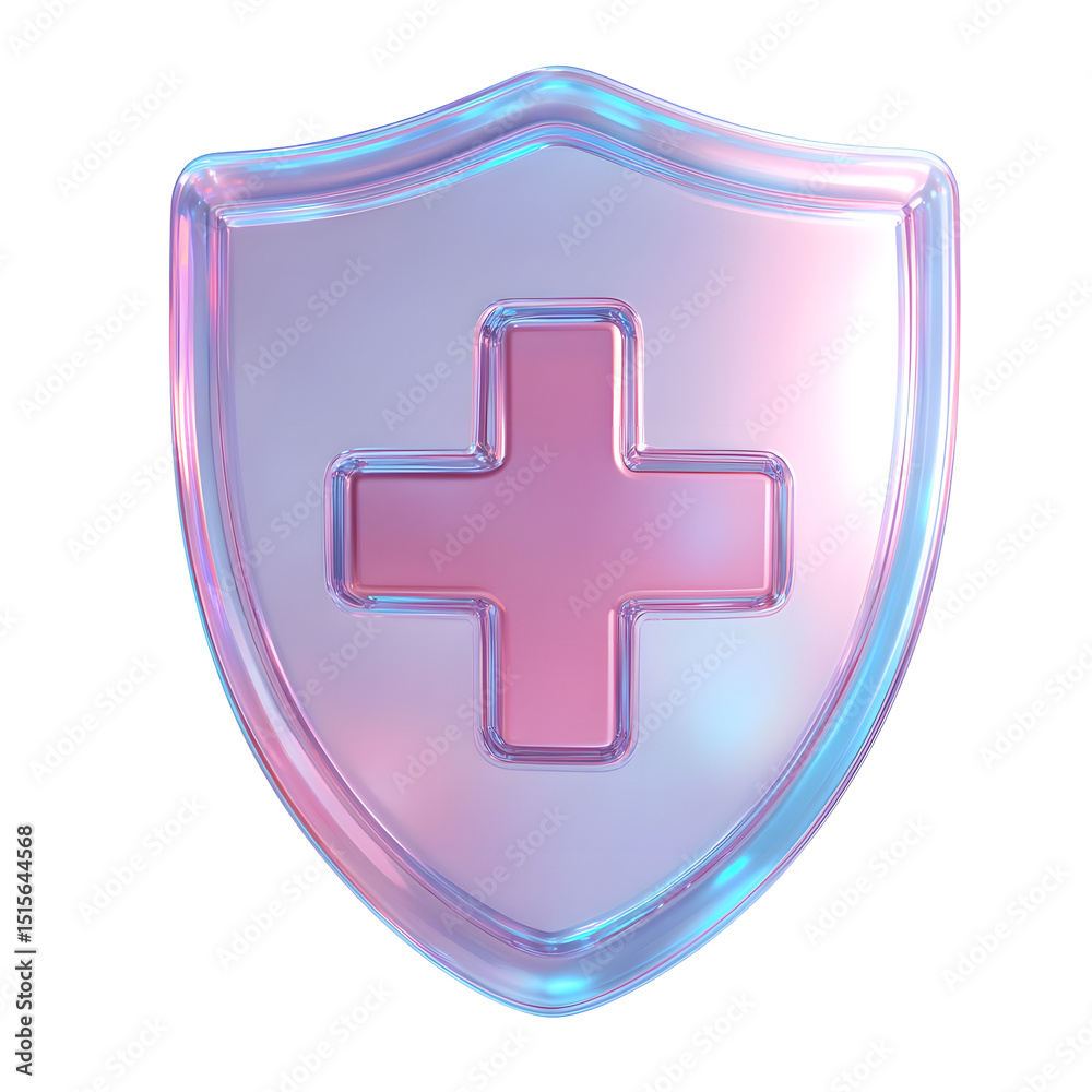 Poster a shimmering minimalist 3d shield icon with a pink cross symbol representing healthcare protection a