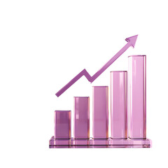 A minimalist 3D rendered crystal bar chart graph with a rising arrow icon symbolizing the growth and strengthening of finances and currency over time