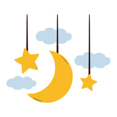 cute hand drawing cartoon moon and stars with blue clouds. cute sky element drawing for sticker, icon