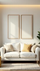 Empty frames above white sofa, ambient lighting, cozy beige accents, soft, lighting, modern