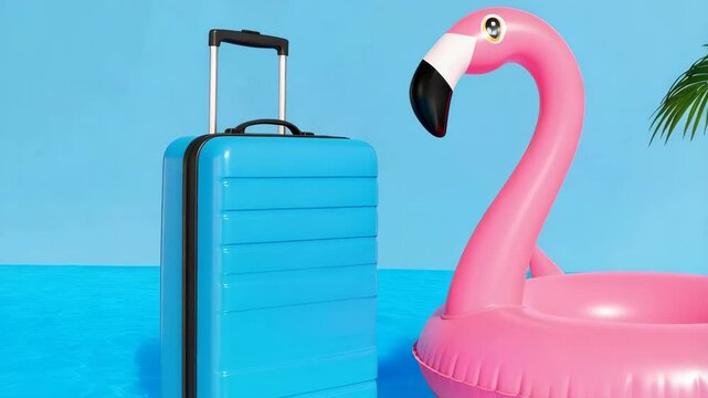 Vibrant turquoise luggage with pink flamingo floatie and palm leaf against a serene blue backdrop for summer getaway