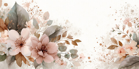 Gentle Watercolor Floral Corner with Soft Pink Blossoms and Neutral Foliage on a Light Textured Background, Expressing Understated Beauty