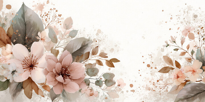 Gentle Watercolor Floral Corner with Soft Pink Blossoms and Neutral Foliage on a Light Textured Background, Expressing Understated Beauty
