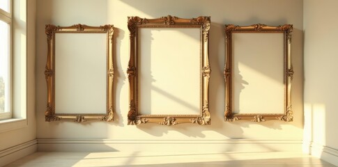 Empty ornate frames on beige wall, sunlit room, vintage frame, interior design