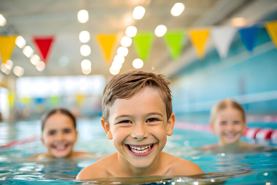 Diverse young children enjoying swimming lessons in pool, learning water safety skills, showing joy and camaraderie, representing a healthy lifestyle - Powered by Adobe