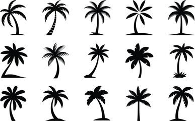 Collection of black palm tree silhouette icons featuring various tropical designs suitable for holiday, vacation, or summer themed projects