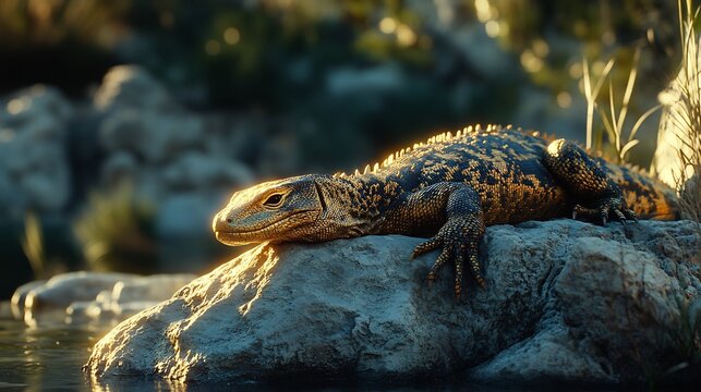 Nile monitor lizard resting on a rock near the riverbank its golden scales shimmering under the sun photorealistic textures cinematic composition