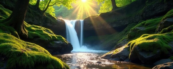 Sunlit waterfall cascading over mossy rocks in lush green forest, clean, river