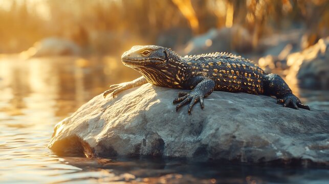 Nile monitor lizard resting on a rock near the riverbank its golden scales shimmering under the sun photorealistic textures cinematic composition