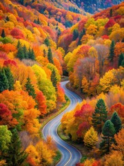Obraz premium Driving through a Colorful Autumn Forest Scenic View of Vibrant Trees in Fall with Winding Roads