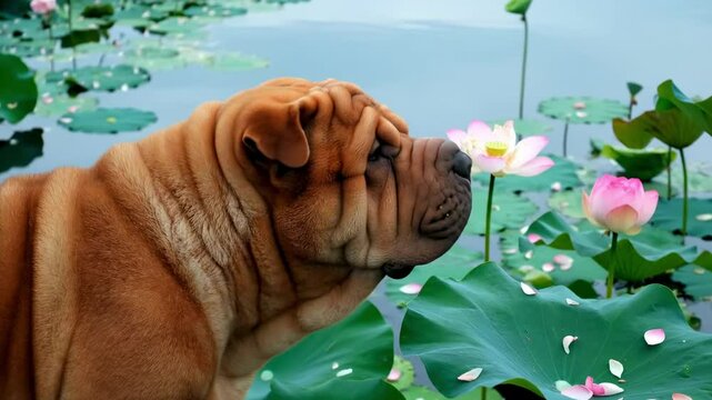 A close-up of a Shar Pei dog observing vibrant lotus flowers by a serene pond, with floating petals adding to the tranquil scene - chien chinois | Chinese dog