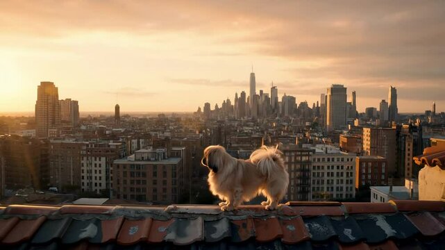 A small dog stands on a rooftop at sunset, overlooking a vibrant city skyline with skyscrapers in the background - chien chinois | Chinese dog