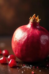 Juicy red pomegranate, glossy skin, golden crown , glossy, texture