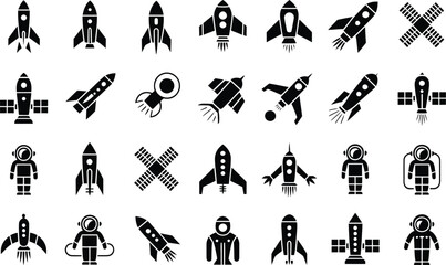 Naklejka premium Collection of black and white space icons featuring various rocket ship illustrations astronaut figures and satellite dish designs for conceptual and graphic design