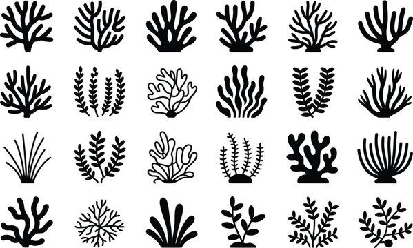 A collection of twenty-one stylized black and white coral reefs and marine plant illustrations for decorative or educational purposes.